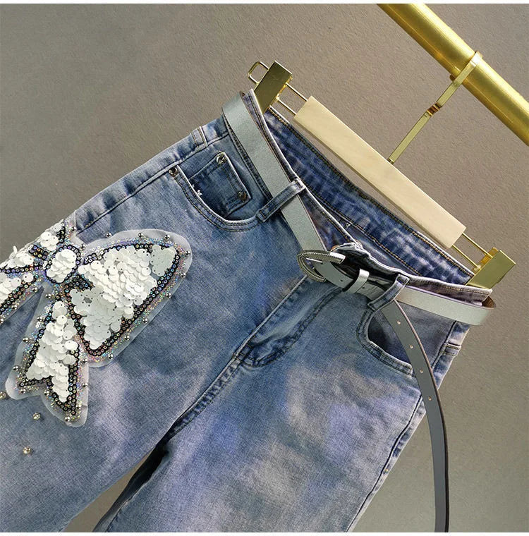Ladies' Beaded and Sequined Denim Cropped Pants, New Summer Style, Raw-edge Straight-cut, Slim-fitting, Versatile Shorts