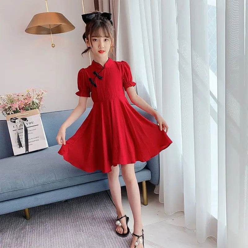 2026 Kids Girls Solid Chinese Red Cheongsam Qipao Princess Teenager New Year Dresses Clothing 4 7 8 9 10 12 14 Years