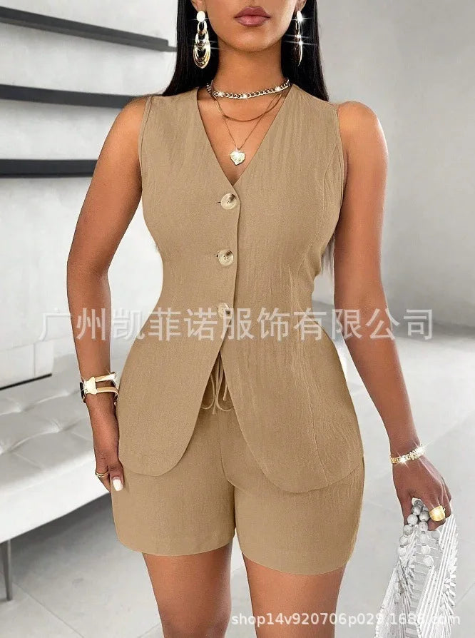 Women Fashion Casual Shorts Set Summer Vest Top Button Solid 2 Pieces Set Lace-up Pant Suits Womens Clothing Office Holiday 2025