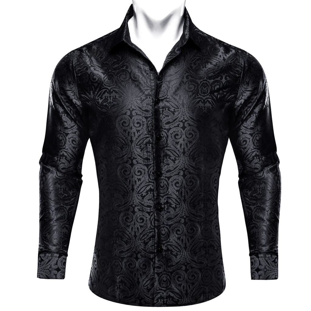 Barry.Wang Luxury Silk Mens Shirts Jacquard Floral Long Sleeve Formal Casual Breathable Male Blouses Wedding Business Prom Gift