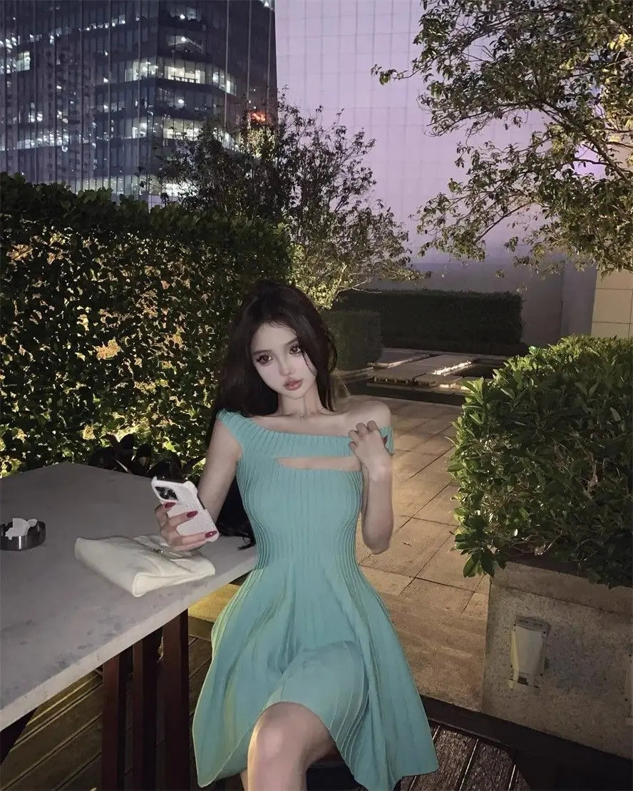 Women's Off Shoulder Knit Mini Dress Hollow Out Chest Flared Skirt Solid Color Party Evening Dress