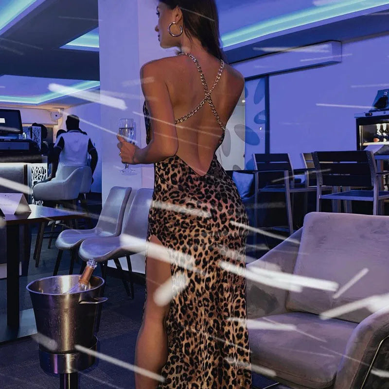 Leopard Print Women Chain Strap Side Slit Maxi Dress Backless Bodycon Sexy Streetwear Festival 2024 Evening Elegant