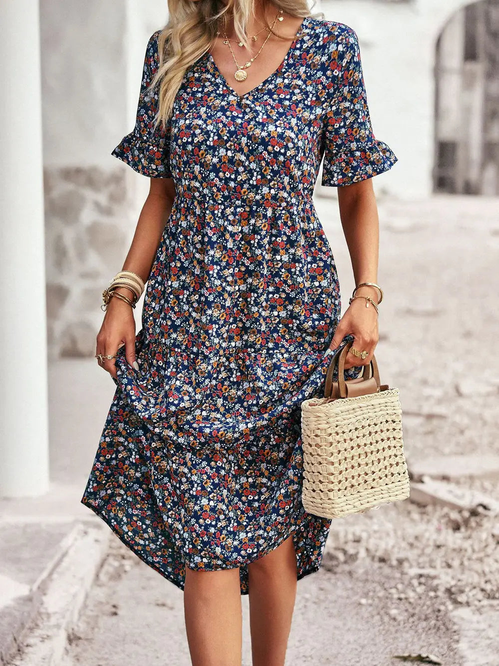 Msfilia Fashion V Neck Elegant Printed Dress Women Summer Short Sleeve High Waist A Line Floral Holiday Dresses