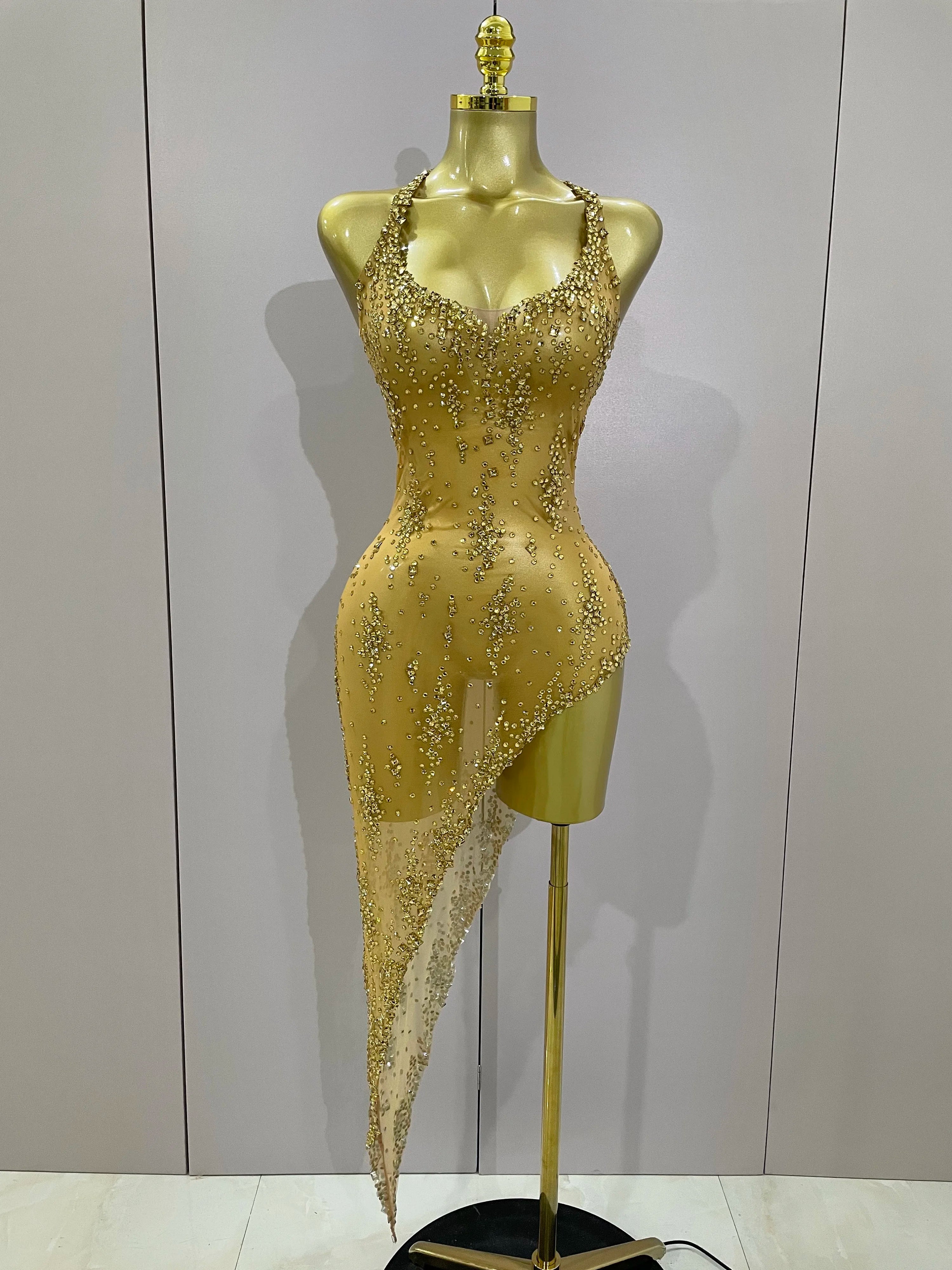 2025 New Sparkly Rhinestone V Neck Stretch Mesh Sexy See Through Dress Women Elegant Party Celebrate Perform Costume Stage Outfi