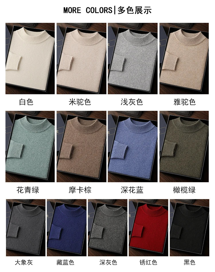 Autumn/Winter Men's 100% Cashmere Pullover Business Casual Solid Knitted Sweater Loose Half High Neck Tops Thick Warm Jumper