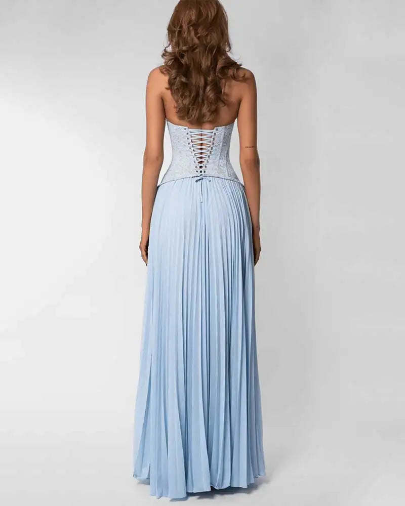 GACVGA Elegant Corset Halter Pleated Maxi Dress Women Back Lace-up Patchwork Slim Lady Gown Club Party Evening Long Dress