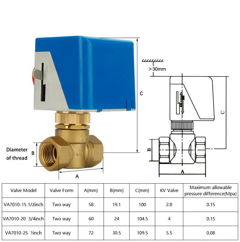 Brass Fan Coil Electric Actuator Central Air Conditioner Three Way Discharge Water Valve
