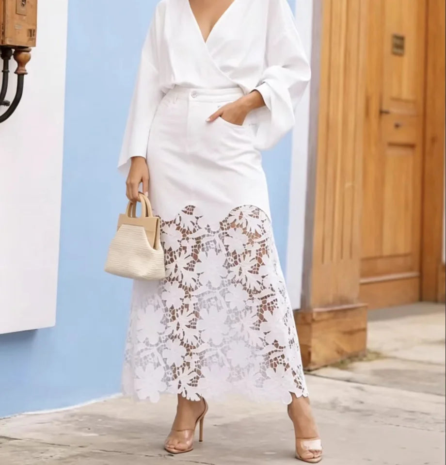 New  Fashion Lace Denim Skirts Patchwork Ladies 2026 Summer Street Pocket Women Casual Loose High Waist Jeans Skirt L274