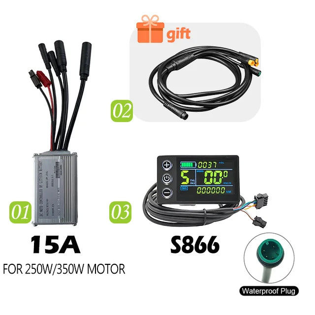 250W-750W Brushless For Electric Bike Controller LCD Panel Scooter EN06 S830 S866 JN Controller 15A 25A WP Plug Square Wave GD06