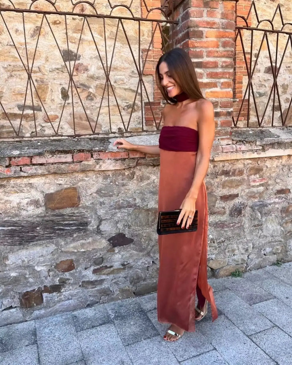 Color Blocking Scarf Collar Suspender Women Maxi Dress Spaghetti Strap High Split Floor Length Evening Dresses Lady Party Robes