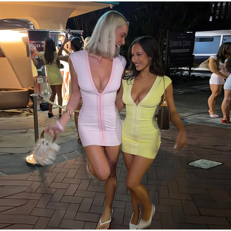 Elegant V-Neck Women's Dress Sleeveless Zippers Elastic Hip Package Lady Mini Dresses 2026 Summer Autumn Chic New Female Robe
