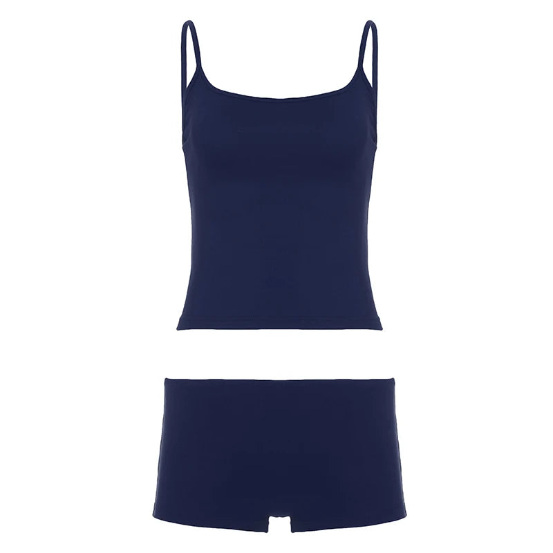 [RUOKE] Sexy Lounge Set Women 2 Piece Suit Bodycon Slim Fit Casual Outfit Spaghetti Strap Cami Top Mini Shorts Set Spring Summer
