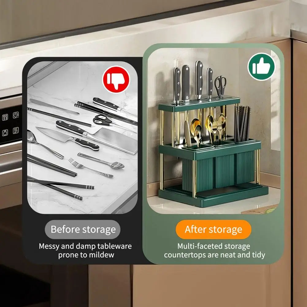 Kitchen Knife Holder Multi-Function Cutter and Cutlery Drainer Rack PP Space Saving Kitchen Utensil Organizer Rack