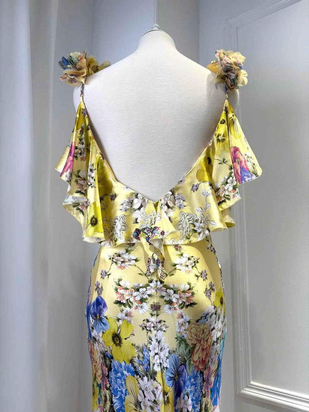 100% Silk Women Floral Print Sling Robe V-Neck Sleeveless High Waist Elegant Slim Yellow Maxi Dress