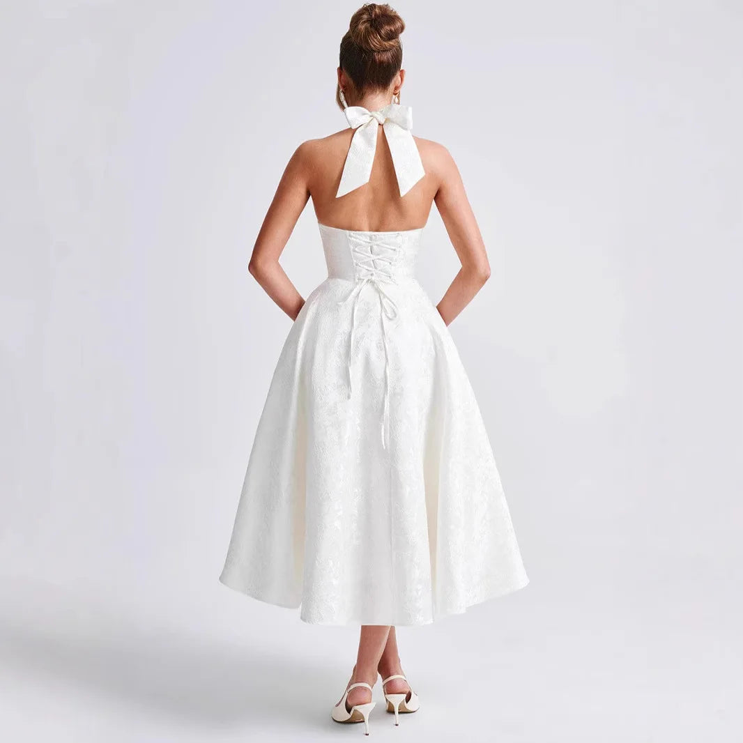 Puss Deep V-Neck Halter Dress Woman Summer Jacquard High-end evening dress Backless Elegant Patchwork Solid Party Sexy Vestidos