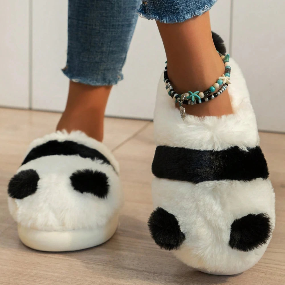 Women's Autumn Winter Indoor Cute Cartoon Panda Plush Anti-slip Fashionable Casual Warm Slippers Home Shoes