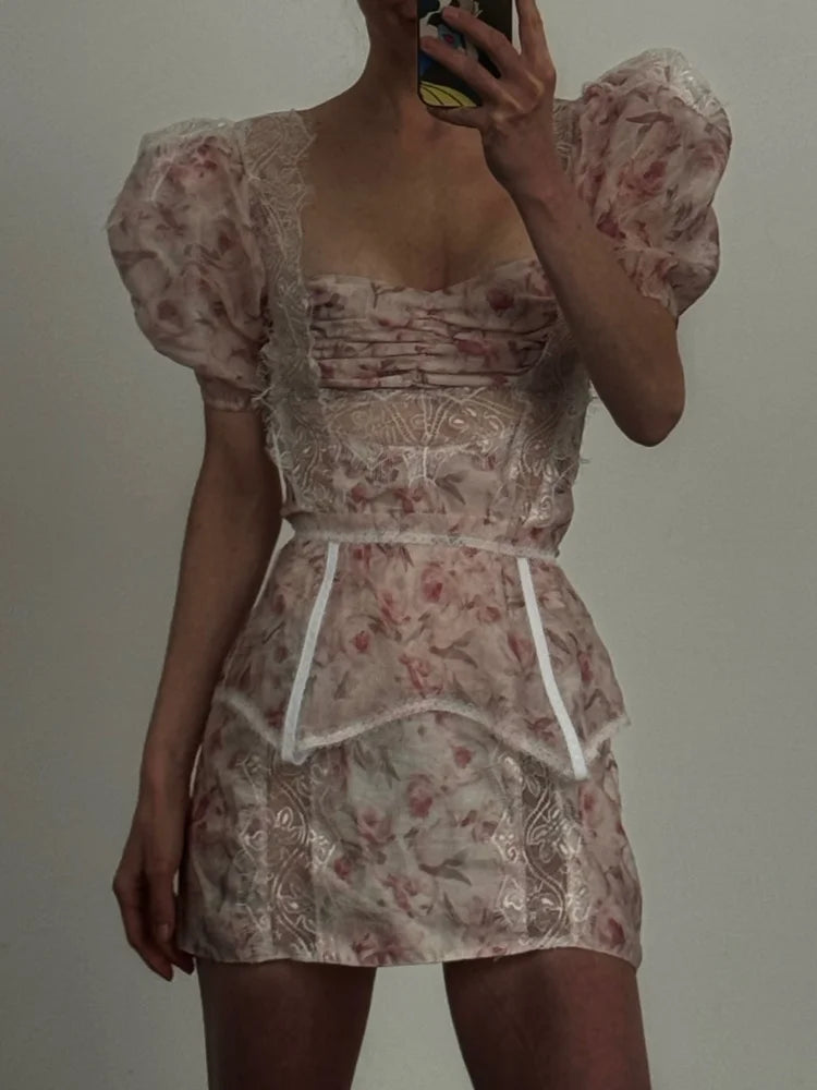 Sexy Floral Print Mini Skirt Set Women Chic Lace Patchwork Bubble Short Sleeves 2 Piece Suit Lady Summer Vacation Outfits New