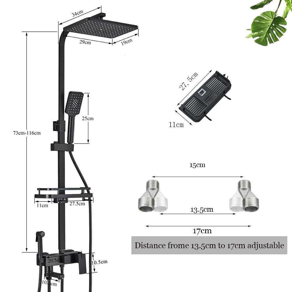 Shower Faucet Set Rainfall 3/4-ways Bathtub Tap With Bathroom Shelf Height Adjust Brass Mixer Crane Hot Cold Water Systems