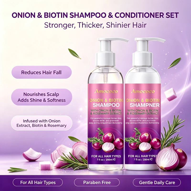 Amococo 2pcs X 200ml Shampoo and Conditioner Set with Onion Biotin Rosemary Hair Care Duo for All Hair Types Frizz Control Shine Boosting Sulfate Free