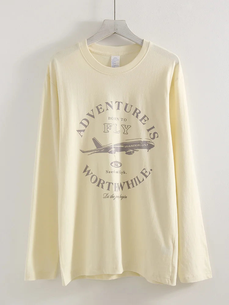 Streamgirl Cotton Long Sleeve T-shirt For Women Spring Tops Graphic Tees Oversized Casual Light Yellow Tshirts Ladies Basic Tops