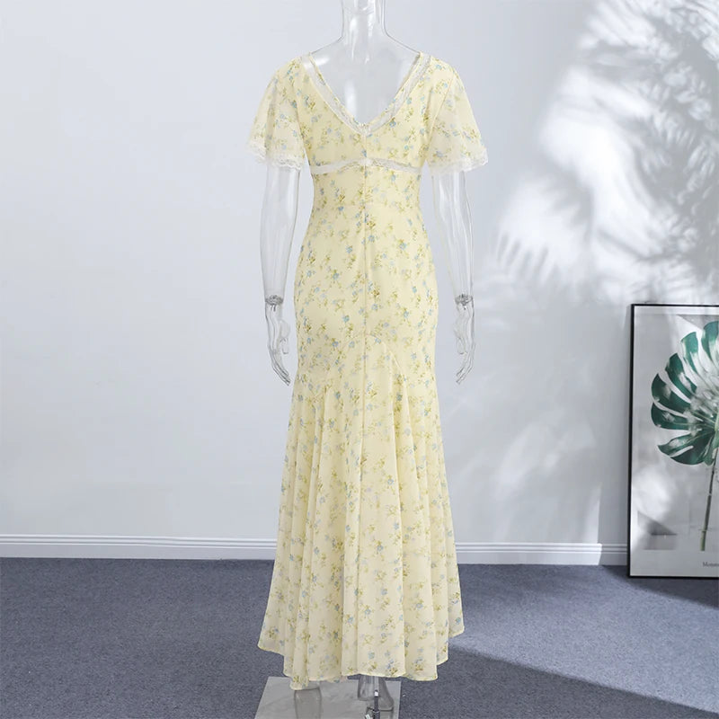 Elegant Sexy Print Fish Dress Women V Neck Short Sleeves High Waist Ruffles Split Vestidos Female 2026 Summer New Chic Dresses