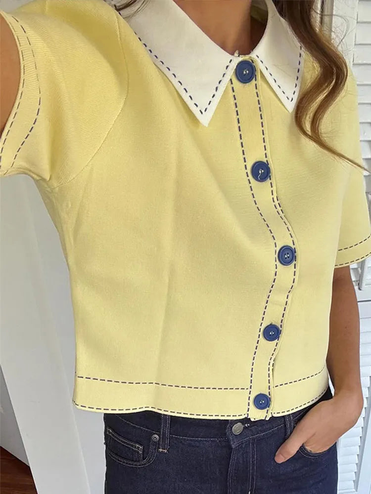 Casual Yellow Lapel Knitted Sweater Women Chic Short Sleeve Single Breasted Warm Pullover Lady Autumn Commute Street Outwear New