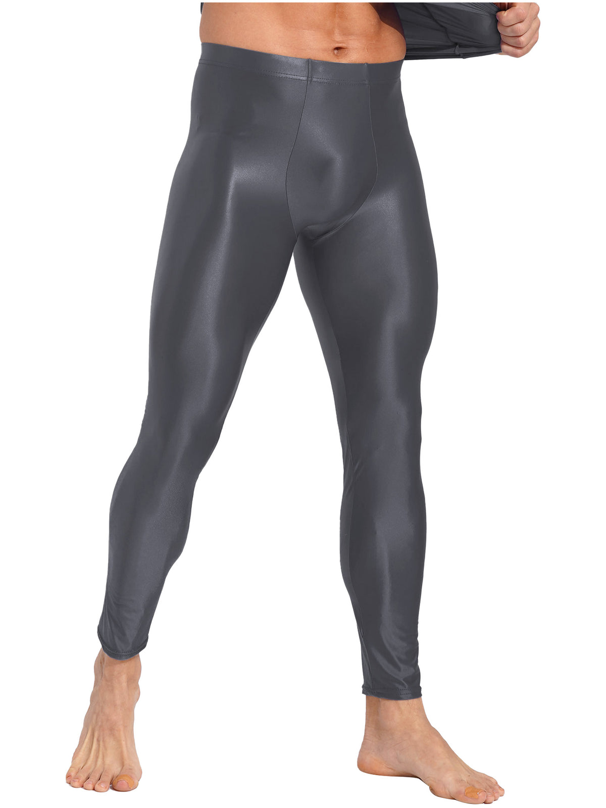 Men Elastic Waistband Skinny Shiny Yoga Tights Pants Solid Color Leggings Exercise Running Gym Fitness Training Sportswear