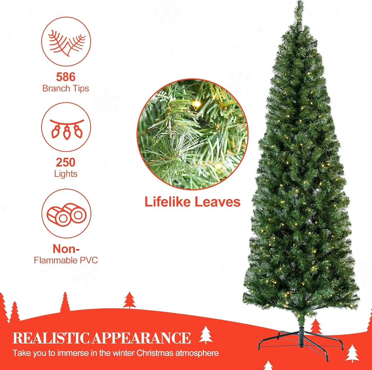 Garvee 6.5ft Pre-Lit Slim Pencil Christmas Tree with 250 Warm LED Lights Festive Family Party Christmas Atmosphere Decor Artificial Pencil Xmas Tree 586 Branch Tips, 8 Lighting Modes