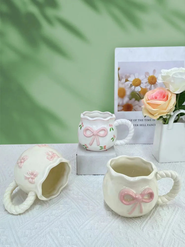 Bow Ceramic Coffee Cup Cute Handmade Ins Style Mug Drinking Water Afternoon Tea Gift Decoration Summer Dopamine Girlfriend Gift