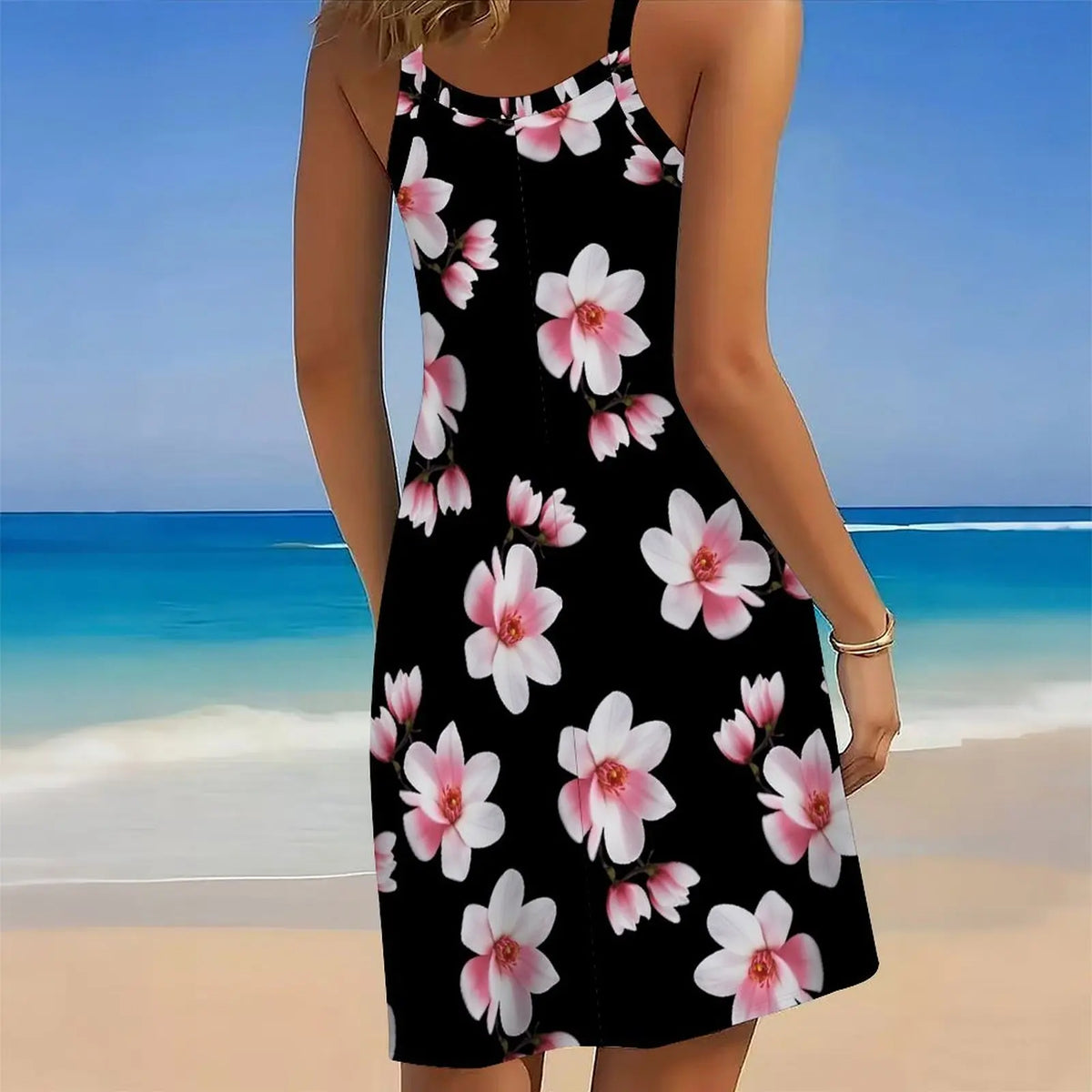Women's Print Spaghetti Strap Cover Up Dress Irregular Hem Sleeveless Beach Swim Cover Up Sundress