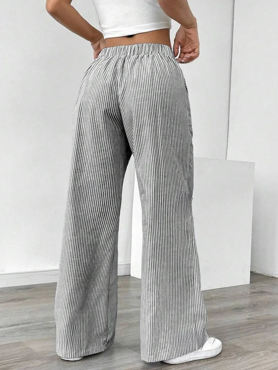 American Style Retro Vertical Stripe Drawstring Wide Leg Pants High Waist Dipping Loose Straight Casual Pants