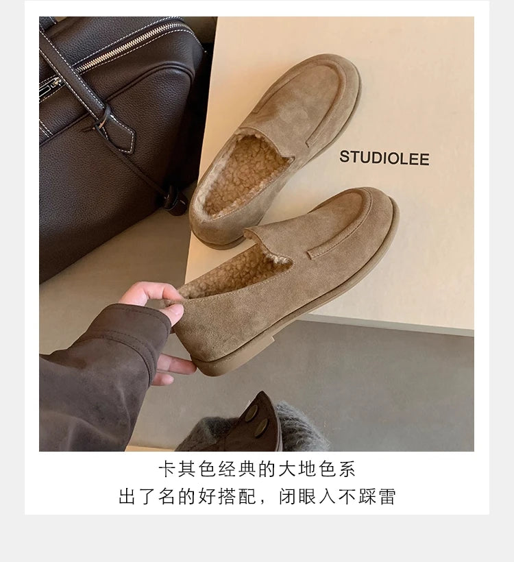 New Suede Leather Loafers Woman Round Toe Slip-on Casual Flat Shoes Wool Warm Winter Shoes Outdoors Walk Shoes Women