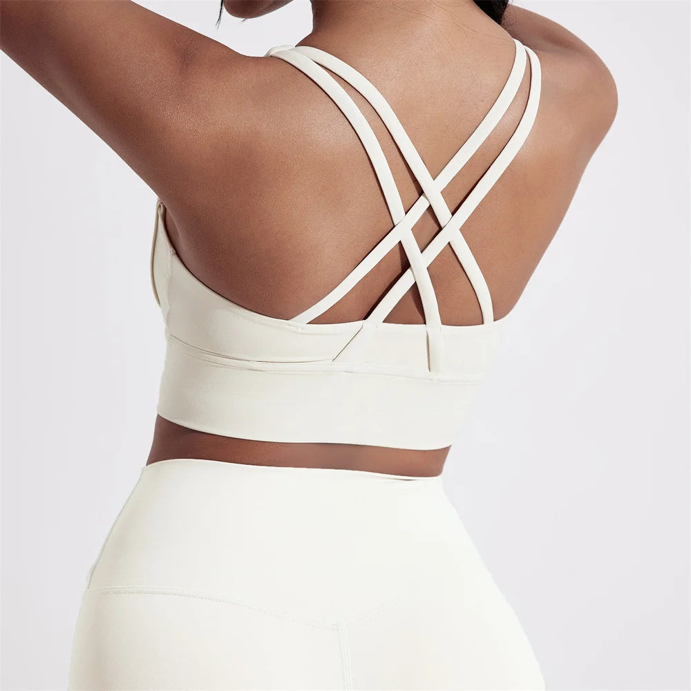 Solid Color Women Fitness Sport bra top soft tight Comprehensive training jogging gym yoga underwear cross back With chest pad