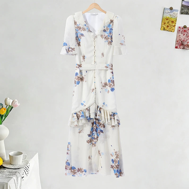 Sexy Print Women Long Dress Urban V-neck Single Breasted Ruffles Half Sleeve Female Dresses 2026 Spring Autumn Lady Robe