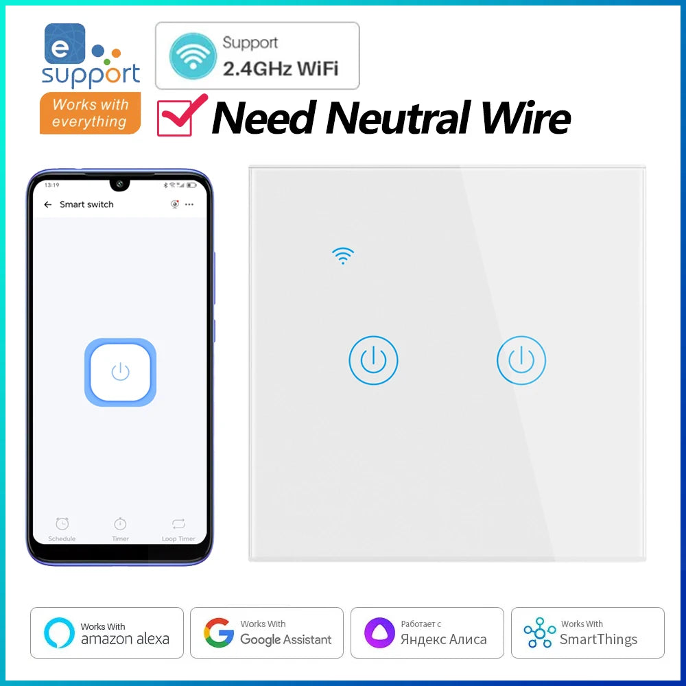 Smart WiFi Switch  Remote Control Touch Panel Light Switch No Neutral Wire Voice Control Timer Smart Home Switch