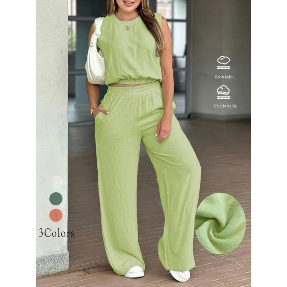 Fashion Ultra-short Sleeveless Top Trousers 2-piece Set Summer New Casual Pocket Loose Wide-leg Trousers Female Office Set 2025