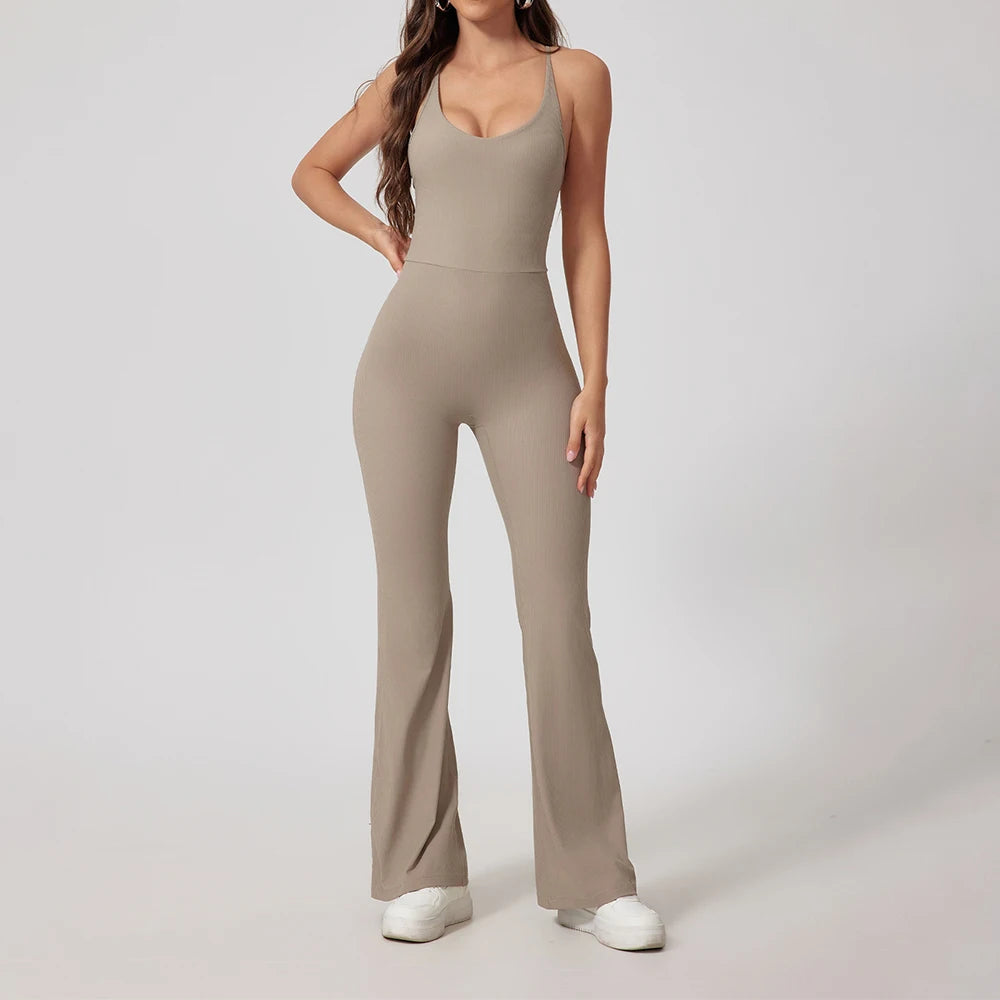 Women Thread Yoga Jumpsuit Sleeveless Gym Tracksuits Flared Overalls Workout Bodysuits Sportswear Female Sports One-Piece Outfit