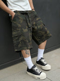 Men's Vintage Camouflage Cargo Shorts, Streetwear Loose Knee-Length Multi-Pocket Shorts with Belt Buckle