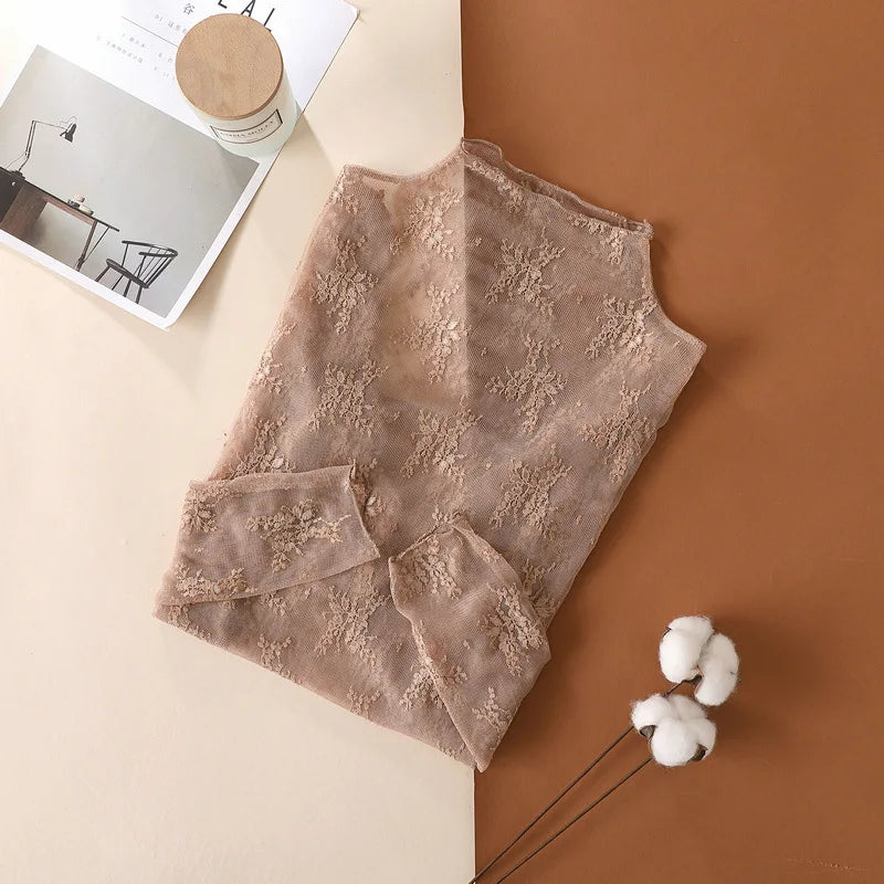 Women Half High Collar Mesh Bottomed Blouse T-shirt Lace Ear Edge Spring and Autumn Western-style Hollow Long Sleeve Lace Top
