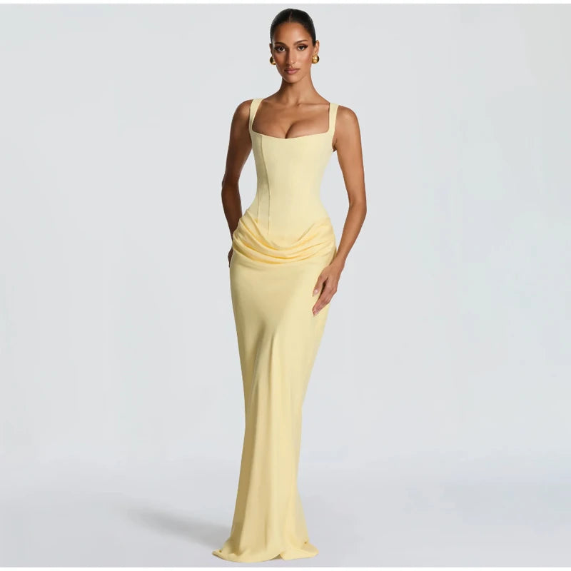 Solid Pleated Sling Dress Women Square Neck Sleeveless Backless Waist Cinching Bodycon Dresses Lady Summer Evening Party Gowns
