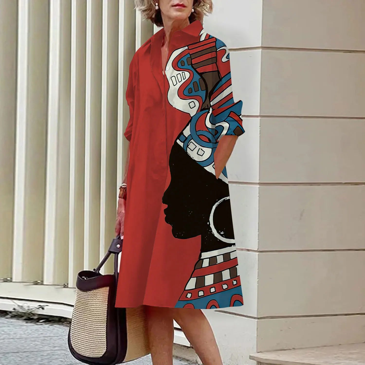 MCDV New Simple Women's Shirt Casual Queen Printed Long Sleeve Fashion Elegant Lapel Pocket Street Women's Dresses Noble Black