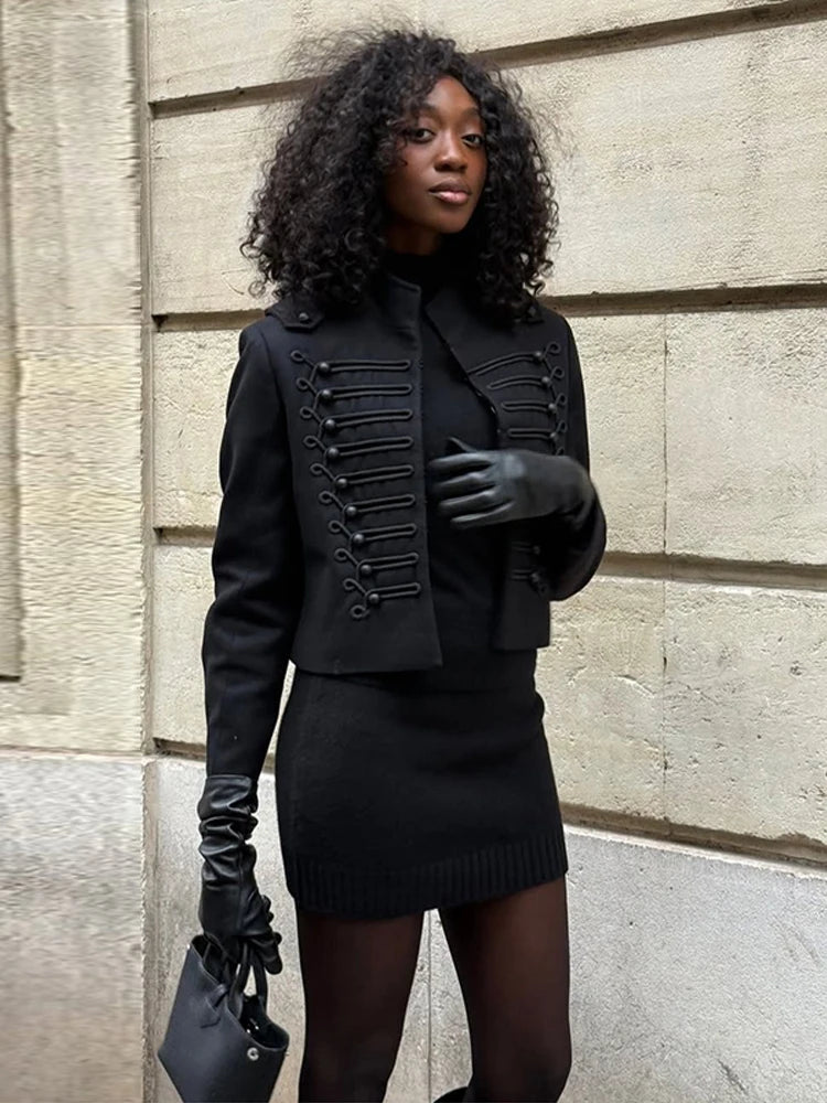 Fashion Black Court Style Cropped Jacket For Women Elegant O-neck Long Sleeve Double Breasted Coat Lady 2026 Spring Chic Outwear