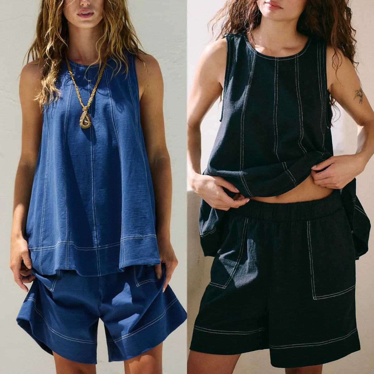Women Vintage Denim Tops Pant Sets Two 2 Pieces Sets A-Line Tank Cami Sleeveless Shorts Pockets Retro Jeans High Street Outfits