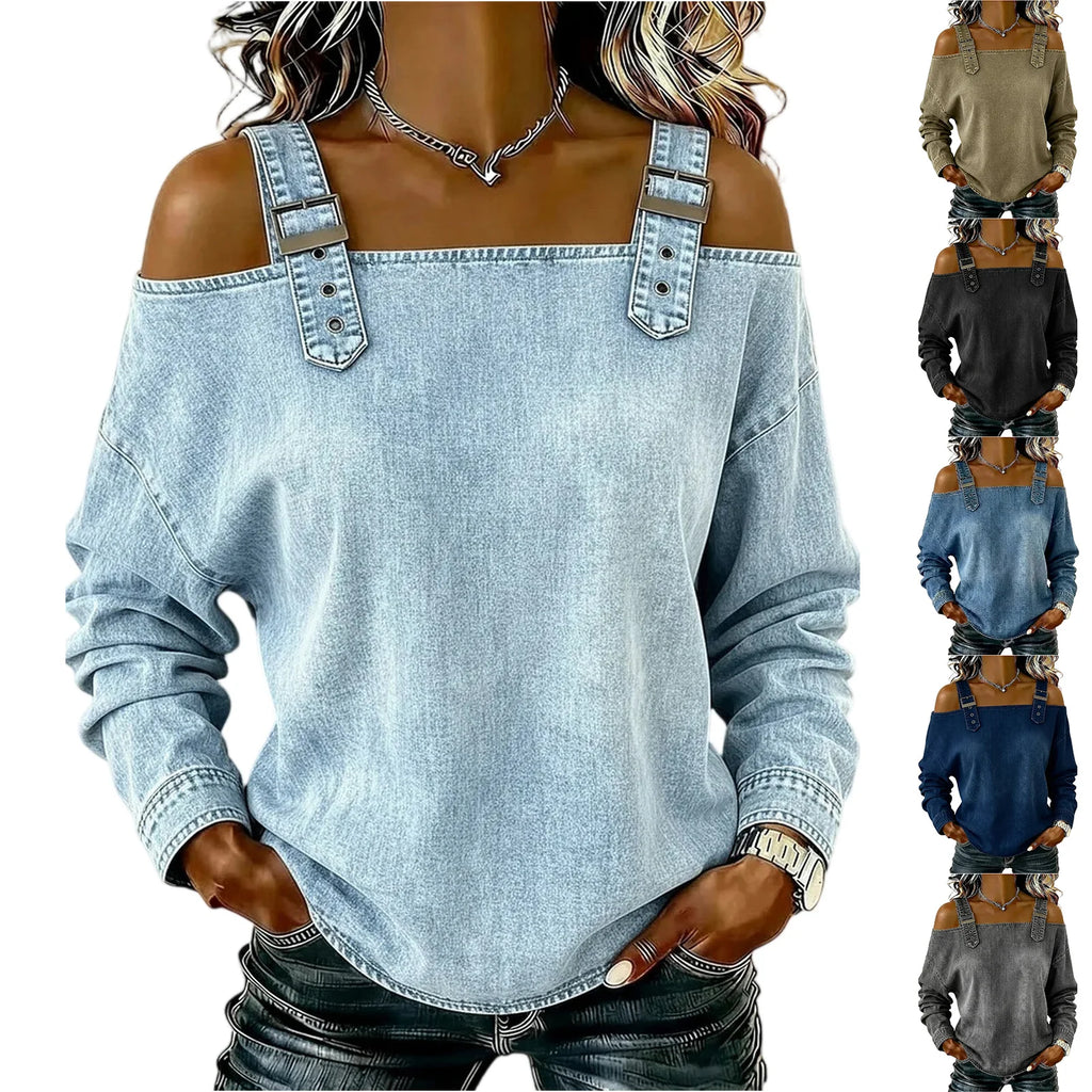 Women's Denim Top, Stylish Off-the-shoulder Long-sleeved Top with Shoulder Straps, Elegant and Versatile Denim Shirt, Streetwea