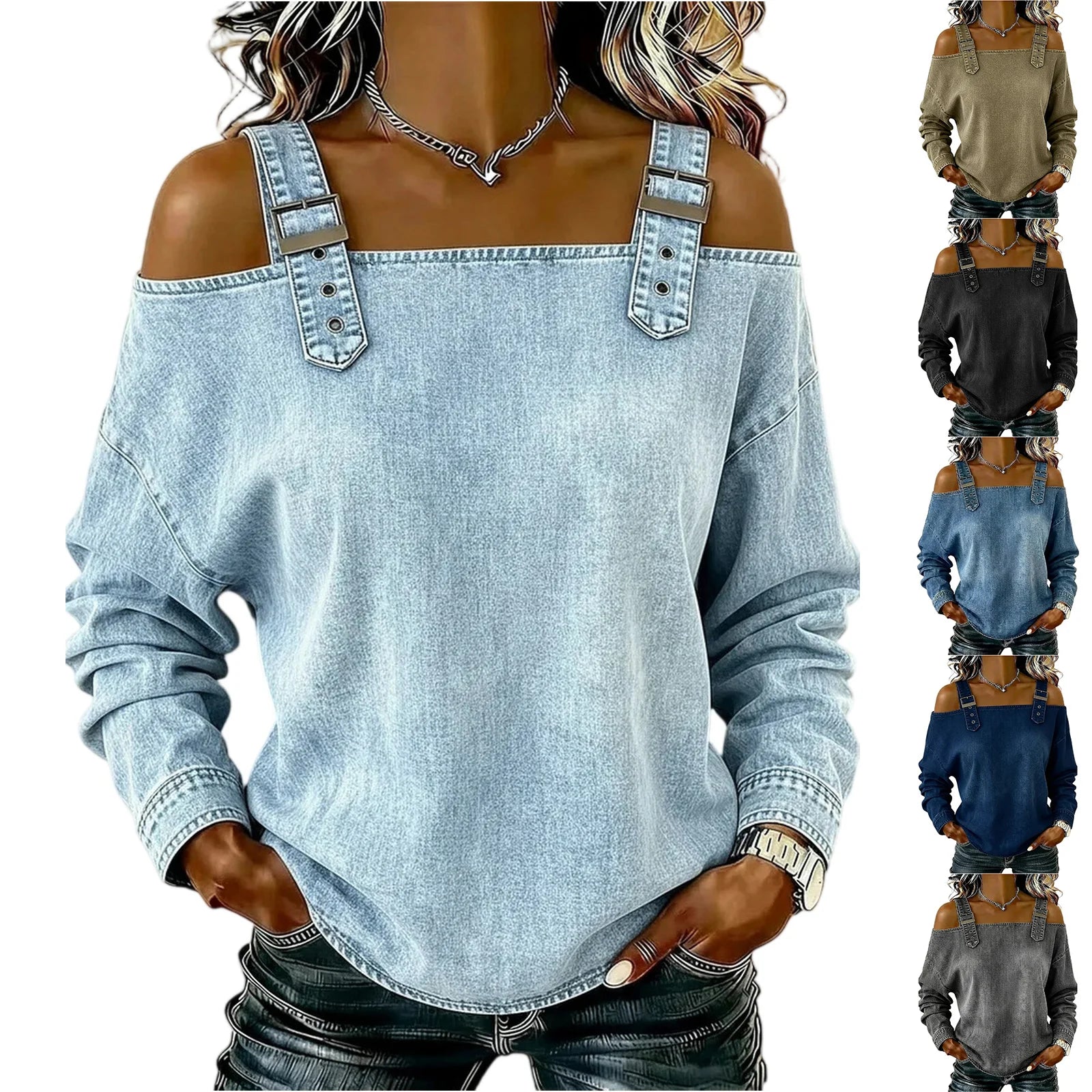 Women's Denim Top, Stylish Off-the-shoulder Long-sleeved Top with Shoulder Straps, Elegant and Versatile Denim Shirt, Streetwea