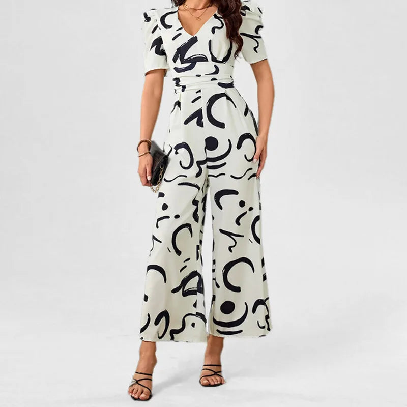 2026 spring new short-sleeved V-neck printed temperament elegant commuter style high waist wide leg jumpsuit