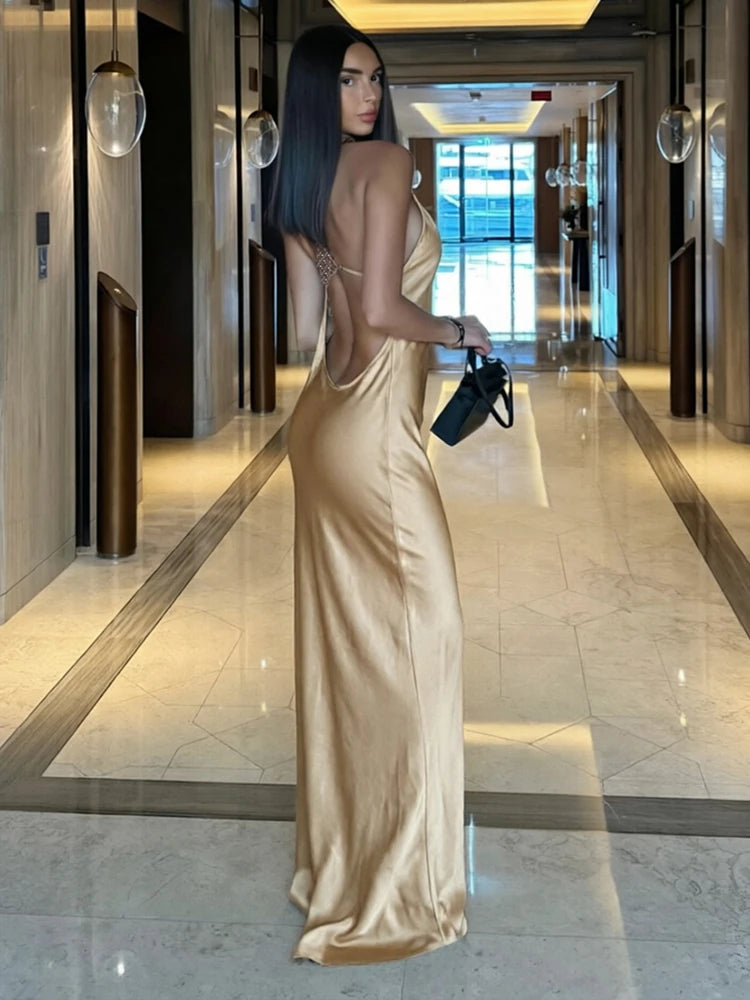 Nibber Sleeveless Halter Satin Dress Women Metal Buckle Elegant Patchwork Fashion Classic Evening Party Backless Long Bodycon