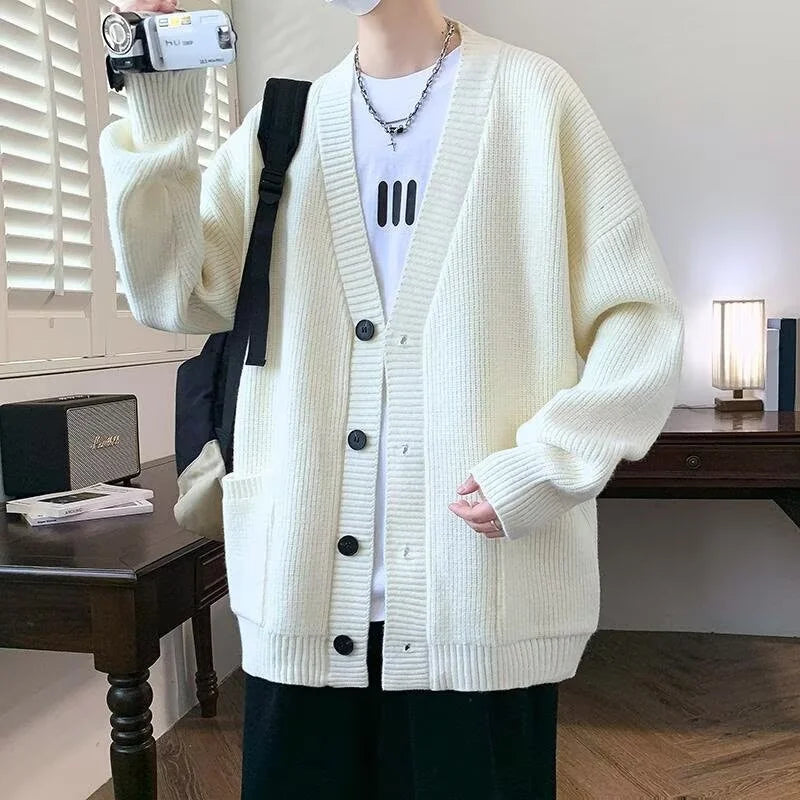 Autumn Men's Casual Textured Pockets Cardigan Y2K Vintage Streetwear V-neck Knitted Sweaters Korean Fashion Cardigans Hombre