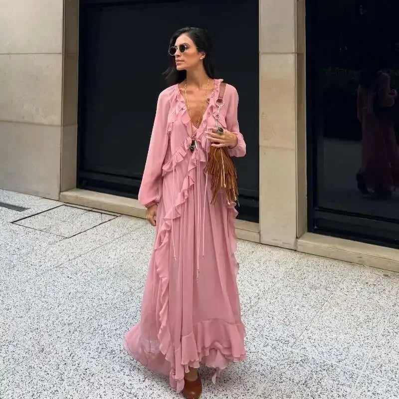 2026 Casual Solid Ruffles Patchwork Robe Women Minimalist Full Sleeve Mesh Loose Fit Lace Up Maxi Dress Vacation Daily Date Wear