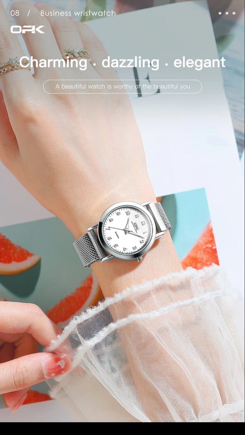 OPK 8115 Women Watch Fashion Business Simple Stainless Steel Mesh Belt Waterproof Luminous Women Watch Elegant Dress Women Watch